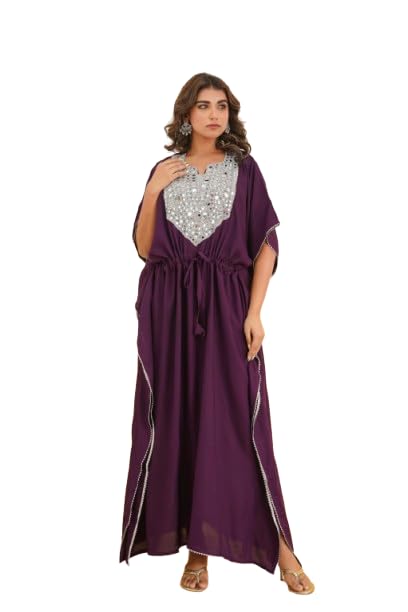 Elegant Mirror Work Kaftan for Women with Designer Neck & Adjustable Waist | Ethnic Wear. (Purple)-image-46