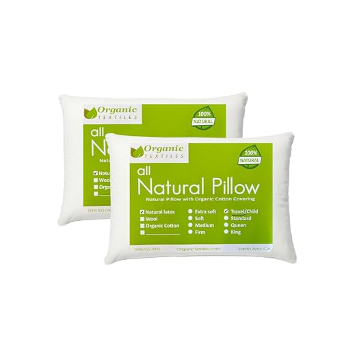 ORGANIC TEXTILES Natural Latex Bed Pillow with GOTS Certified Organic Cotton Cover - (Travel - 16"x9"x6", Soft) - Pack of 2