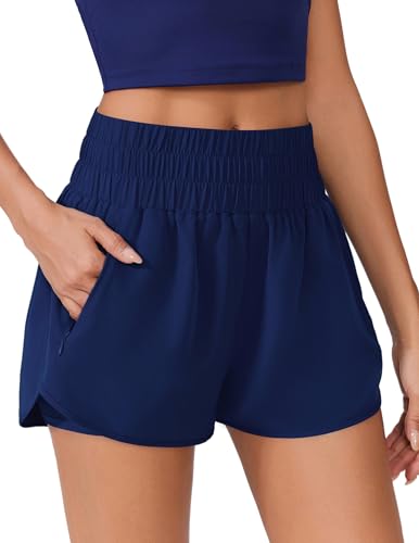 PINSPARK Summer Athletic Shorts for Women Breathable Workout Sports Shorts Quick-Dry Active Short with Deep Pockets Navy Blue L