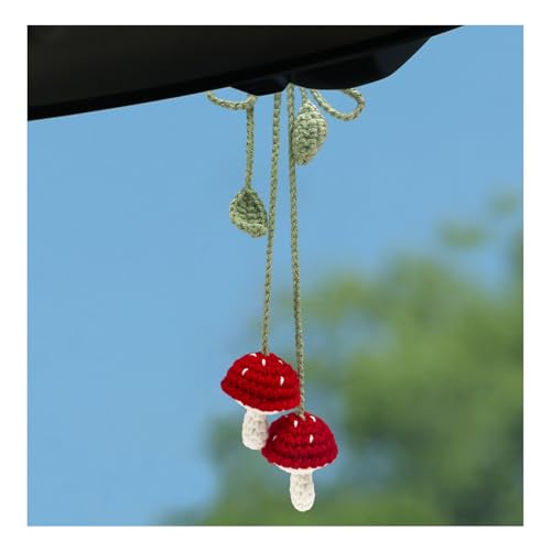 Ohleats 2 PCS Crochet Mushroom Car Charm, Handmade Crocheted Simulated Mushroom Hanging Ornament, Stereoscopic Botanical Bag Decoration, Car Accessories