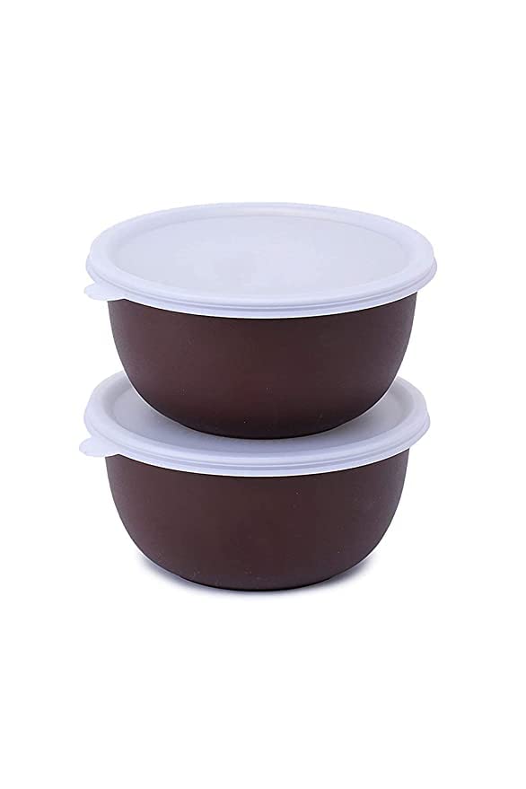 Uninox Microwave Bowl Sets Serving Bowl with lids 2 I Pcs. Set Flora Stainless Steel Serving Bowls Microwave Oven Safe Kitchen Accessories Items Kitchen Storage - Brown Pack of 2