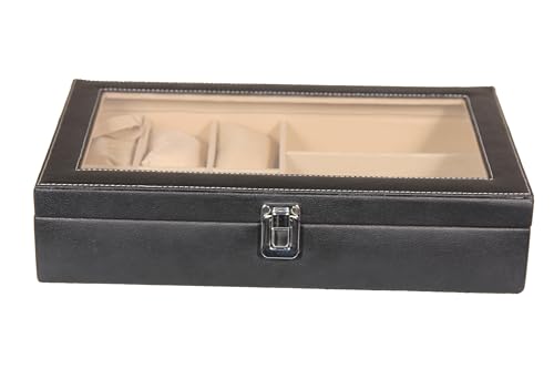 Image of Sukeshcraft 6 Slot Watch Organizer Case with Lock - Premium Black PU Leather Watch Box for Men - Sunglass Storage Compartment (Black Pu -Cream Velvet)