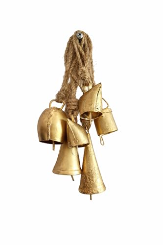 Image of Rustic Brass Hanging Bells Pack of 6 | Vintage Mini Bells with Rope for Home Decor, Diwali Pooja, Wall Art, Christmas & Craft Use