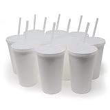 Rolling Sands 22oz Reusable Plastic Stadium White Cups with Lids, 10 Pack, USA Made; Plastic Tumblers and Lids, Includes 10 Reusable Straws; Top Shelf Dishwasher