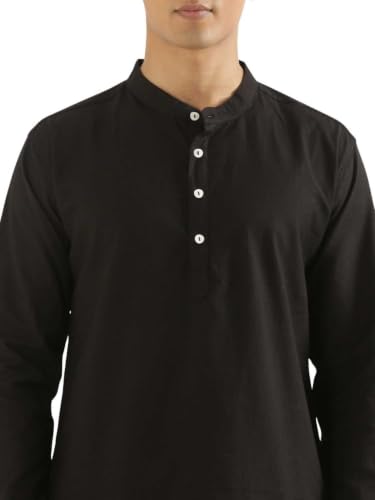 Image of SAADAA Men's Short Kurta - Linen Cotton Blend, Airy Fabric, Regular Fit, Mandarin Collar, Solid Color - Casual, Festive & Ethnic Wear