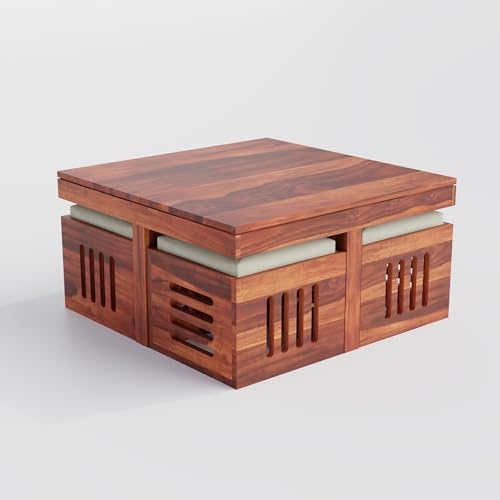 Image of Solid Sheesham Wood Coffee Table with 4 Cushioned Nested Stools | Space-Saving Center Table for Living Room | Modern Wooden Tea Table Set for Home, Lounge & Office Decor | Sheesham, Walnut Brown