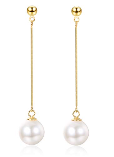 Sllaiss Gold Plated Drop Earrings Made with Austrian Pearl 925 Sterling Silver Dangle Earrings for Women Long Earrings Chain Hypoallergenic Earrings Butterfly clasp
