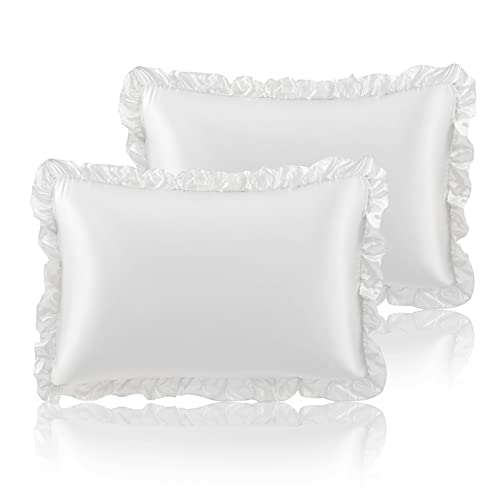 SiinvdaBZX Juego de 2 fundas de almohada de satén con volantes, color blanco marfil, fundas de almohada de tamaño estándar con volantes y cierre de sobre