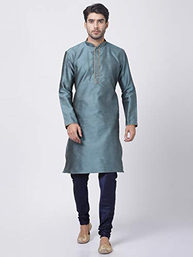 Image of VASTRAMAY Men's Aqua Cotton Silk Blend Kurta and Pyjama Set