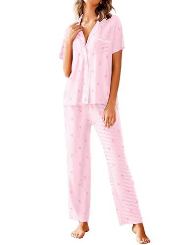 Image of Avidlove Women Pajamas Set Notch Collar Soft Sleepwear Pjs Short Sleeve Button Down Nightwear with Long Pants