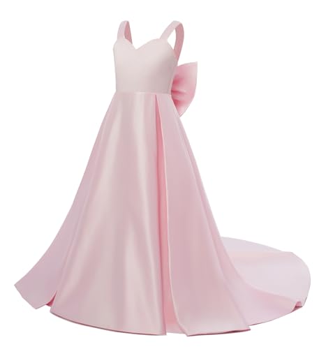 JISISANG Long Satin Flower Girl Wedding Dress Bridesmaid A-Line Party Dresses for Girls Princess Backless Pageant Prom Gown3
