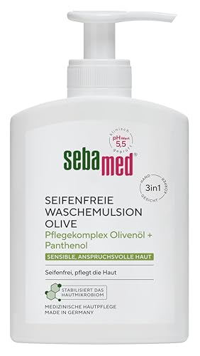 Sebamed seifenfreie Waschemulsion Olive 200 ml mit Spender, Pflegekomplex mit Olivenöl und Panthenol, für sensible, anspruchsvolle Haut, zur Hand-, Gesichts- und Körperreinigung geeignet