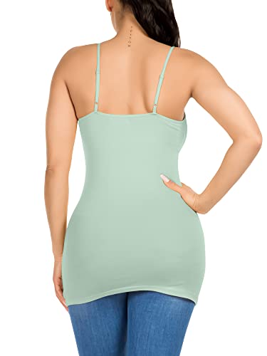 Image of Long Cotton Camisole Tank Tops for Women | Basic Braless Layering Tops with Adjustable Spaghetti Straps
