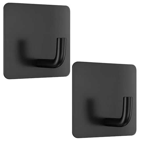 Image of DALUCI Self Adhesive Hooks for Wall Heavy Items - Metal Wall Hooks for Hanging Clothes, Towels & Keys - Waterproof No Drill Sticky Wall Hanger Hook for Bathroom & Kitchen (J Hook-Black, 2)