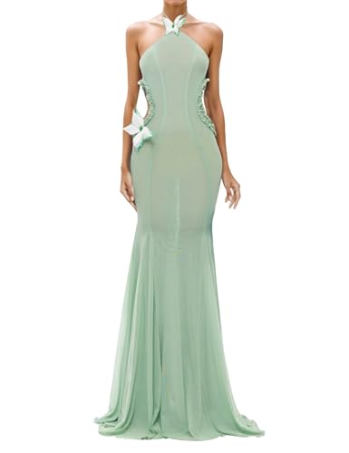 Image of Women's Halter Neck Butterfly Cutout Maxi Dress Backless Slim Fit Mermaid Gown for Beach Vacation Party Elegant Dress