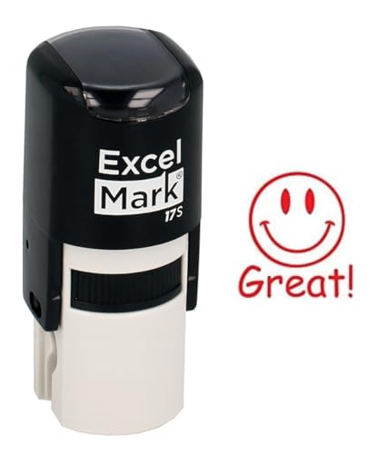 ExcelMark Great! Smiley Face - Self-Inking Round Teacher Stamp - Red Ink