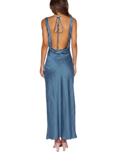Image of KOUNAI Satin Backless Formal Maxi Dresses for Women Wedding Guest | Silk,Cowl Neck,Drape Neck,Open Back,Sleeveless,Tie Back,Elegant,Cocktail,Bridesmaid,Beach,Vacation,Party,Graduation,Midi