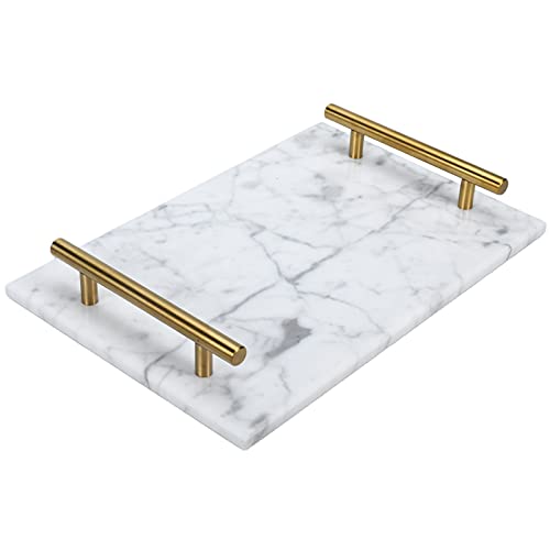 Homtone Plateau décoratif en Pierre de marbre avec poignées en métal de Couleur cuivrée, Plateau à Bijoux Fait à la Main pour comptoir, Coiffeuse, Table de Chevet et Bureau (Blanche)