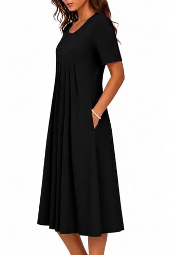Image of LOVESHOOT Womens Summer Midi Dress 2026 Casual Short Sleeve A Line Dress with Pockets Evening Wedding Guest Work