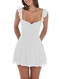 Women Y2k Lace Mini Dress Ruffle Hem Tie Back Short Dress Flowy A Line Bodycon Dress Party Clubwear(D-1 White,s)