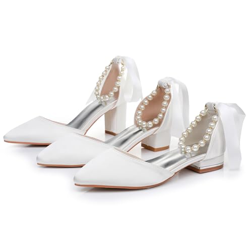 Women's Ankle Strap Pumps with Pearls, Pointed Toe, 3" Heel, White3