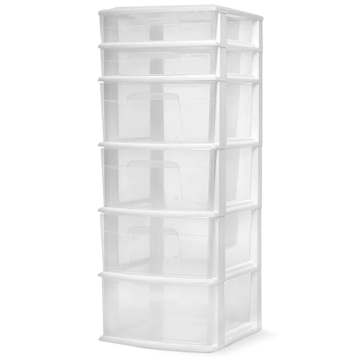 HOMZ Drawer Tower, 6-Tier Clear Plastic Storage Organizer Cart, White Frame - Heavy-Duty Organizing...
