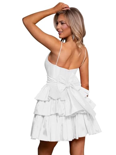 Satin Short Tiered Homecoming Dresses for Teens A Line Graduation Dress Backless Prom Party Gowns with Bow