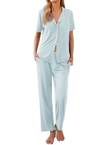 Image of Ekouaer Womens Pajamas Set Short Sleeve Button Down Top & Pants Lounge Pjs | Soft Sleepwear with long pants, ideal for Home relaxation, Wedding, Party, Daily Wear & Breastfeeding