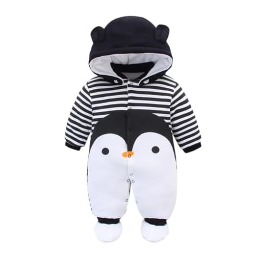 Bebé Traje de Nieve Set Peleles con Capucha Footies Conjunto de Ropa Invierno Muchachos Caricatura Mameluco, Pingüino 6-9 Meses