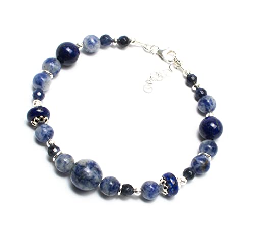 Kimaya Bijoux Pulsera artesanal de sodalita natural y lapis Lazuli plata 925 ~ calmante ~, Sodalita, Lapislázuli Cover