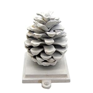 Cast iron white pinecone stocking holder freestanding for shelves and mantels christmas decor seasonal decoration 45 inches tall  urban country home decor