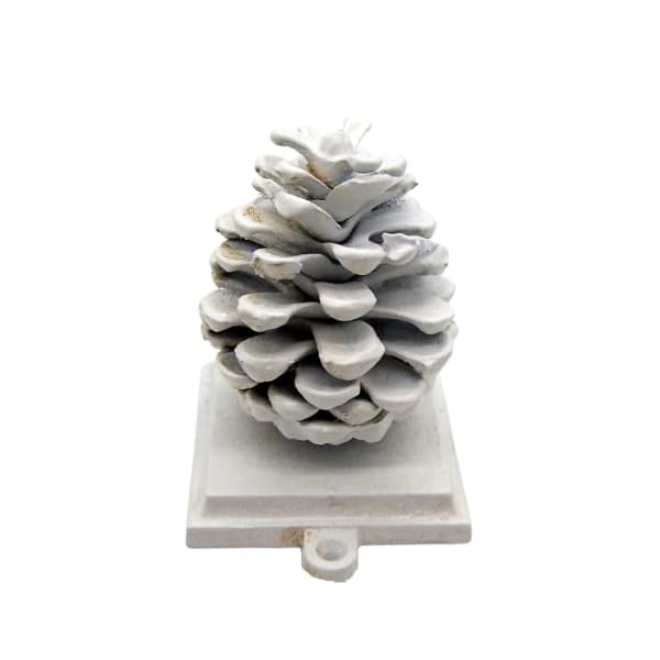 Cast iron white pinecone stocking holder freestanding for shelves and mantels christmas decor seasonal decoration 45 inches tall  urban country home decor