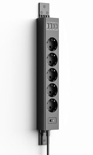 Inhwatek Steckdosenleiste Wandmontage 360 Montierbar Mehrfachsteckdose mit Überspannungsschutz 2USB-C (PD20W)+2USB-A(QC3.0 18W) 5 Fach Steckdosenleiste 2M für Wand Ecke und Untertisch