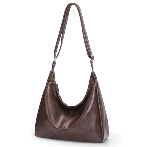 AnBlack Bolsas Hobo Despojadas para Mulheres, Bolsa de Ombro de Couro Marrom Bolsa de Ombro Casual Moderna Versátil Bolsa de Transporte Diário, Café, Medium