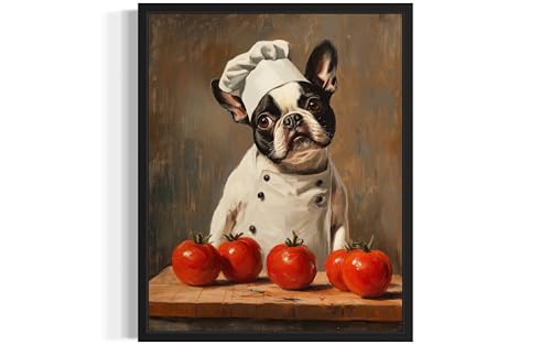 Image of Boston Terrier Chef Kitchen Wall Black Framed Art Print Poster, Dog Pet Lover Picture Painting Artwork Bedroom Living Room Office Dining Room 150D (Boston Terrier Chef Kitchen, 14 inchL x 11 inchW, Black Frame)