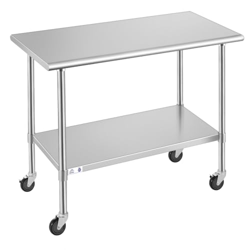 Image of ROCKPOINT Stainless Steel Table for Prep & Work with Caster Wheels 24x60 Inches, NSF Metal Commercial Kitchen Heavy Duty Table with Adjustable Under Shelf and Table Foot for Restaurant, Home and Hotel