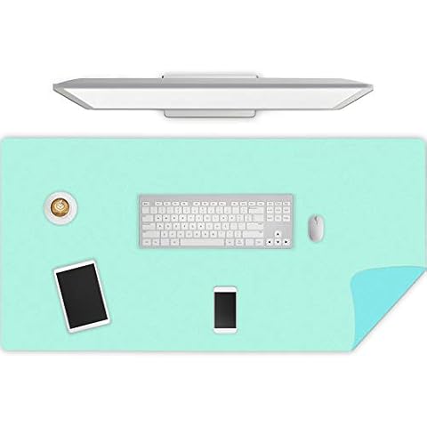 Dual Sided PU Leather Desk Pad, Upgrade Sewing Office Laptop Mat, Waterproof Large Mouse Pad, Non-Slip Writing Mat Desk Blotter Protector for Office/Home, 31.5"x15.7" (Green/Lake Blue) Cover
