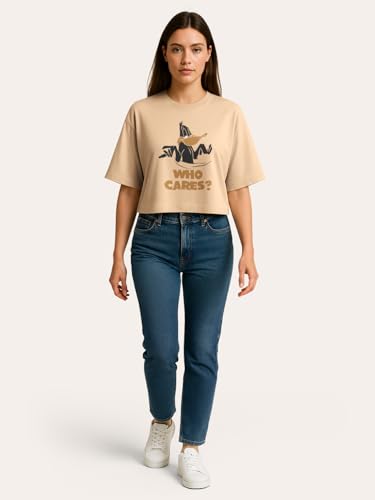 Image of HELLCAT Beige Printed Loose Fit Crew-Neck Crop T-Shirt for Women