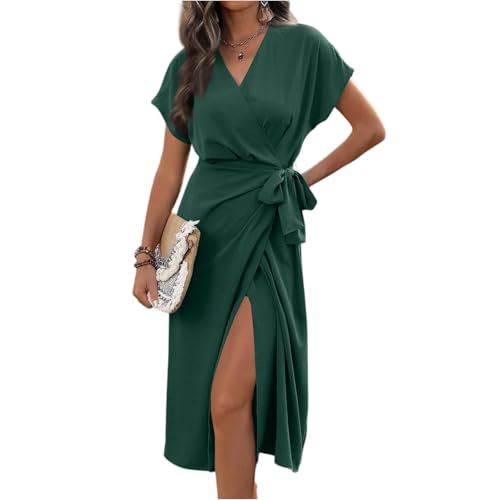 Damen Kleider Elegant Lang mit Ärmel Wickelkleid Damen Sommer Midi A Linie mit Gürtel Kleid Sommer Festlich V Ausschnitt Sommerkleid Leicht und...