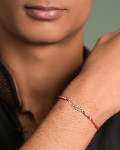Image of Clara 925 Sterling Silver Rakhi with Roli Chawal for Bhai | Gift for Brother on Rakshabandhan | Men & Boy Bracelet