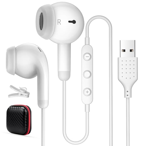 USB Earbuds for PC Headphones with Microphone for Computer Wired USB Headset with Mic Audio Control Noise Isolating Stereo Laptop Earphones for Dell for HP for Surface Switch Office Zoom Working White