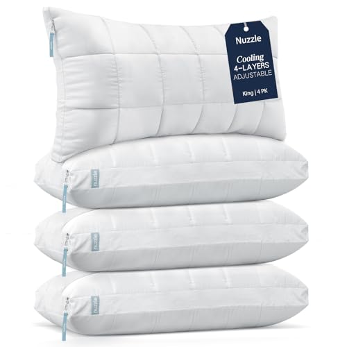 Image of Nuzzle King Size Pillows Set of 4 Cooling Adjustable Pillows for Side Sleepers, Luxury Hotel Collection Bed Pillows - Best Adjust Height Soft Firm Pillows for Back, Stomach and Side Sleepers