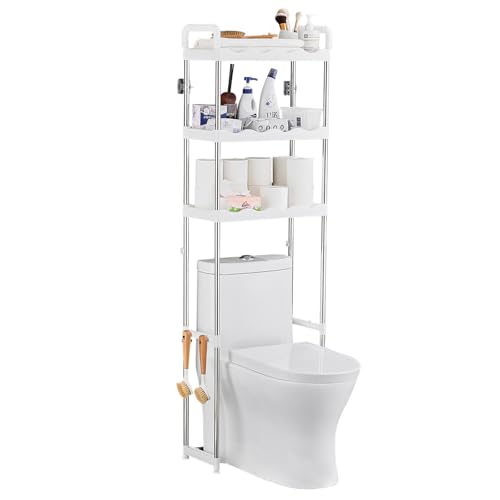 PORUGE Estantería Encima WC, Mueble Sobre Inodoro de 3 Niveles, Organizador de Baño Independiente de Metal, Ahorra Espacio, Fácil de Montar para Baño, Lavandería, Blanco