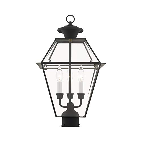 Image of Livex Lighting 2384-04 Westover 3 Light Outdoor Black Finish Solid Brass Wall Lantern with Clear Beveled Glass, 22 inch x 12 inch x 22 inch | Dimensions: 22 inch x 12 inch x 22 inch; Clear Beveled Glass; Solid brass construction