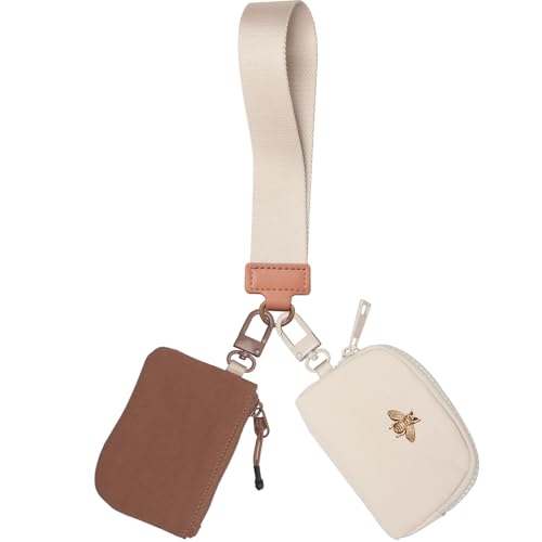 COOLANS Mini Wristlet Wallets Dual Pouch,Around Wristlet Handbag Wallet for Women Zip Cards Holder,Wristlet Bracelet Coin Purse Clutch Bag(Brown&White)