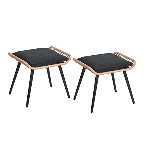 JOIVI Outdoor Wicker Ottoman Set of 2, Patio Rattan Ottomans with Seat Cushions, 2 Pieces Footstool Footrest Seat for Outside Garden, Balcony, Living Room, Black