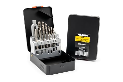 BAER Gewindeschneider Set M3 – M12 HSSG – 15-tlg. Gewindebohrer Set mit Kernlochbohrer & Windeisen - Profi Gewindeschneidsatz in Metallkassette - Gewindebohrer Satz