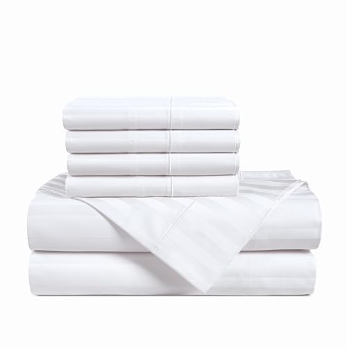 Casa Platino 100% Egyptian Cotton Sheets Full Size Set - 6 Pieces - Damask Stripe - 1000 Thread Count - Ultra Smooth Sateen Weave Bed Sheets with 15" Deep Pockets - Pure White Sheet Set