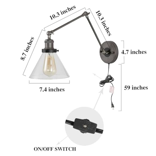 Image of LALUZ Black Glass Wall Sconces Lighting, Modern Industrial Swing Arm Plug in or Hardwired Adjustable Wall Lamp with Brushed Silver Finish for Bedroom, Kitchen, and Living Room