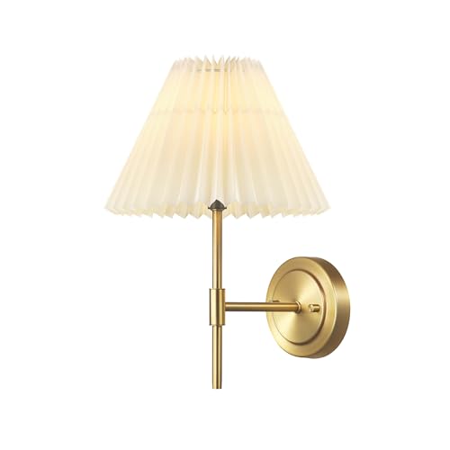 Image of GLOBE Electric 1-Light Wall Sconce, Matte Brass, White Pleated Fabric Shade, E12 Base Socket, Candelabra Bulb, Living Room Lighting, Home Essentials, Decor, Bedroom, Mounted Bedside Lamp
